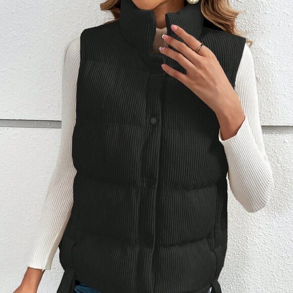 Black Casual Women's Minimalistic Button Up Padded Coat Vest - Picture 5 of 7